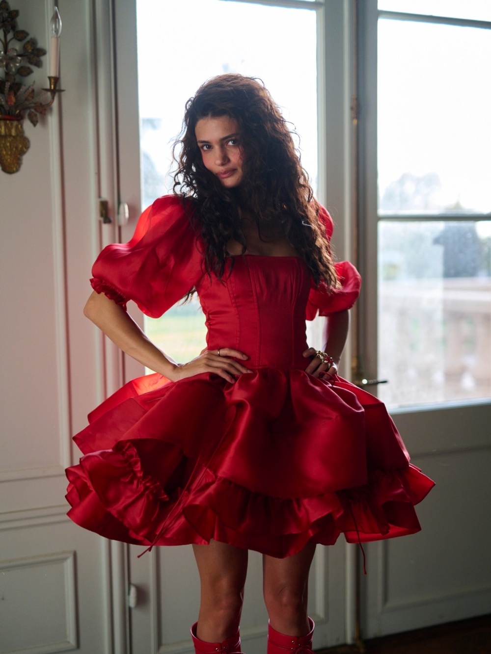 Selkie Red Puff-Sleeve Mini Dress